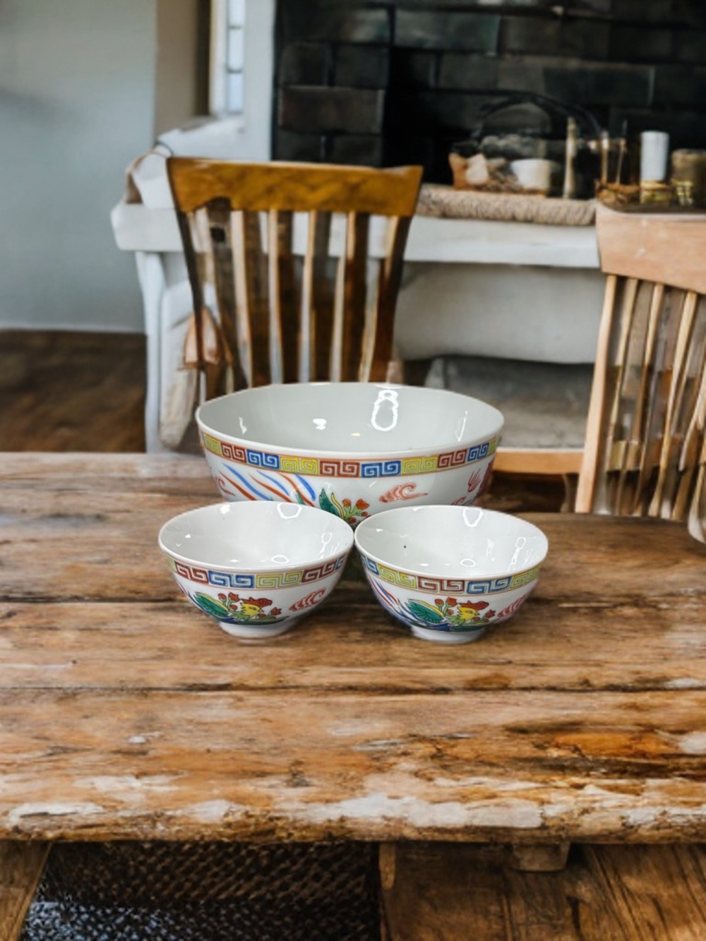 Vintage Japanese Mino ware or Matsubara/Eiwa Kinsei Lg bowl with 2 rice bowls